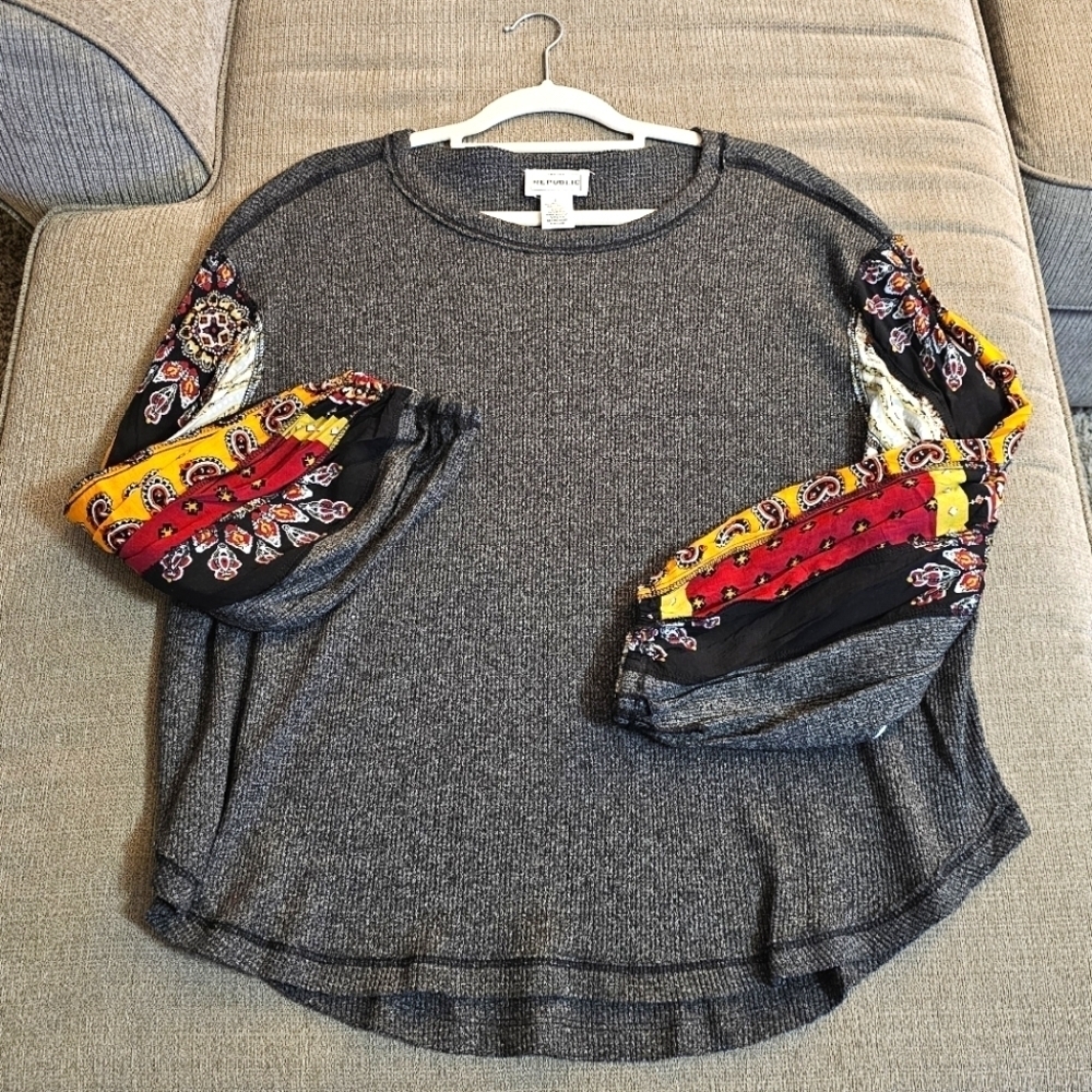 For The Republic Dark Gray Boho Puff Sleeve Casual Relaxed Top Size Large